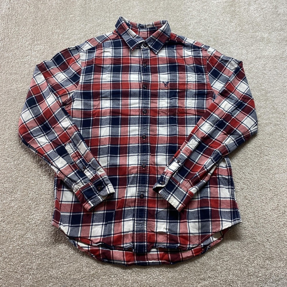 American Eagle Flannel Shirt Mens M Red White Blue Plaid Prep Fit Long Sleeve